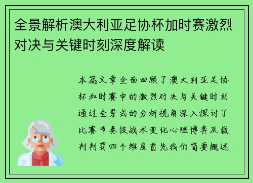 全景解析澳大利亚足协杯加时赛激烈对决与关键时刻深度解读