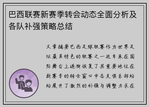 巴西联赛新赛季转会动态全面分析及各队补强策略总结 巴西联赛新赛季转会动态全面分析及各队补强策略总结