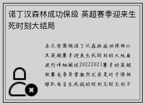 诺丁汉森林成功保级 英超赛季迎来生死时刻大结局