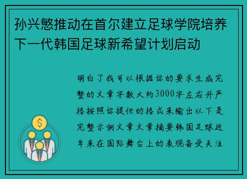 孙兴慜推动在首尔建立足球学院培养下一代韩国足球新希望计划启动