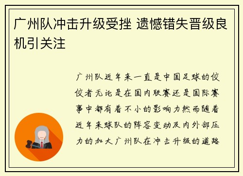 广州队冲击升级受挫 遗憾错失晋级良机引关注